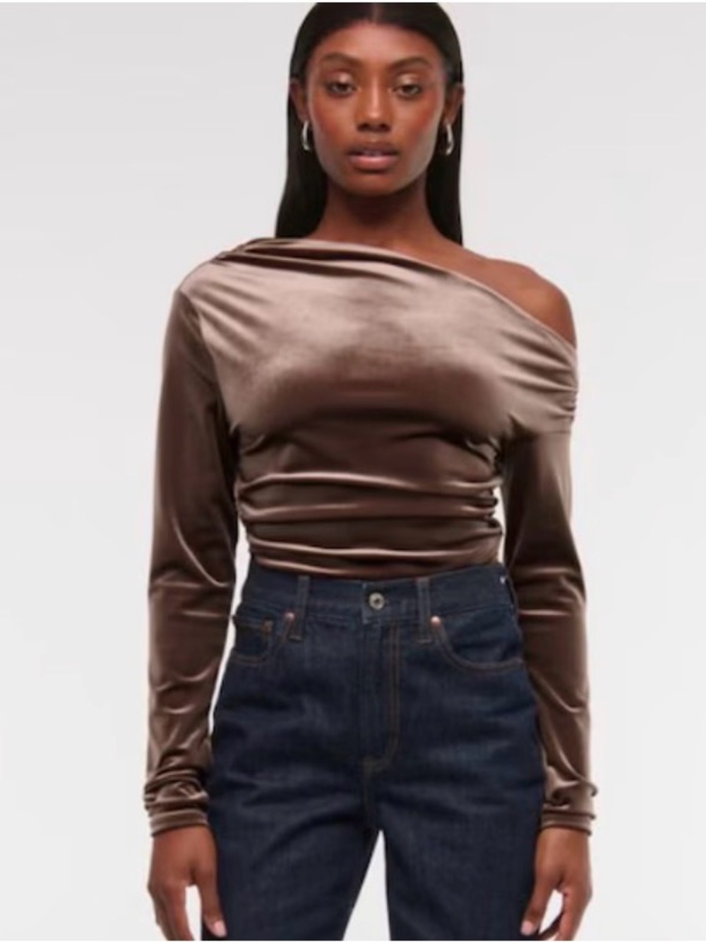 Abercrombie & Fitch Long-Sleeve Velvet Asymmetrical Draped Top Chocolate Brown M